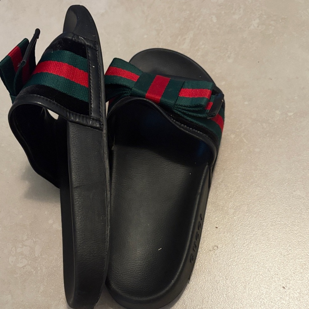Black Slide Sandals with Green and Red Striped Strap - Picture 7 of 7